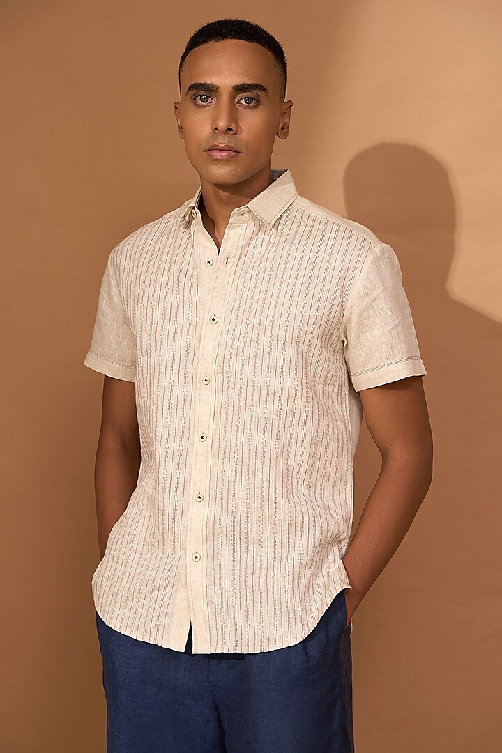Beige Linen Shirt by Vivek Karunakaran