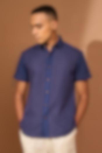 Ink Blue Linen Shirt by Vivek Karunakaran
