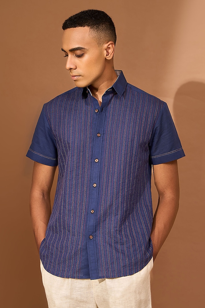 Ink Blue Linen Shirt by Vivek Karunakaran
