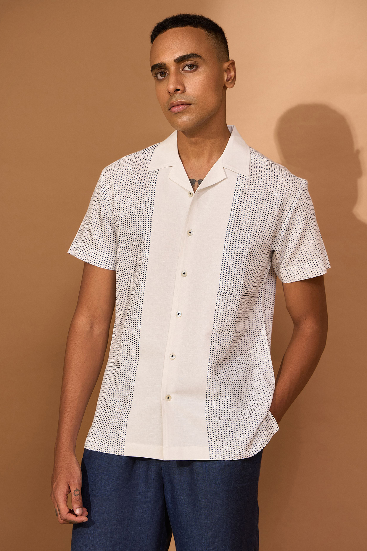 White Linen Smudge Printed Shirt by Vivek Karunakaran