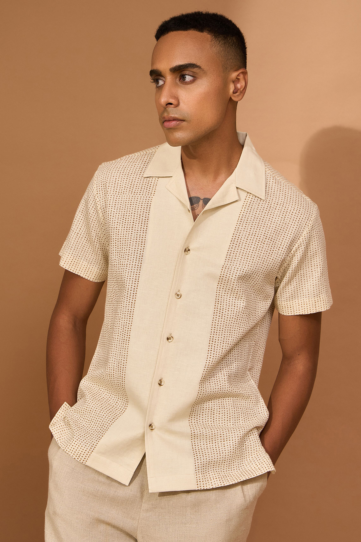 Cream Linen Smudge Printed Shirt by Vivek Karunakaran