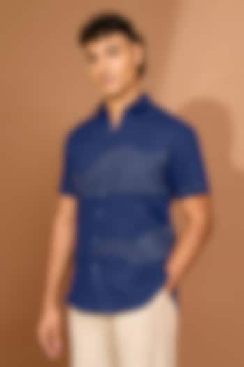 Ink Blue Linen Embroidered Shirt by Vivek Karunakaran