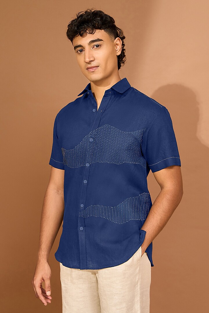 Ink Blue Linen Embroidered Shirt by Vivek Karunakaran