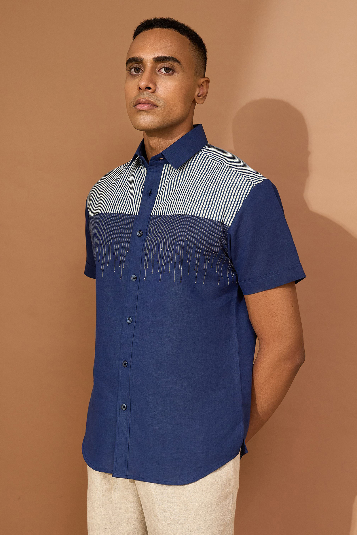 Ink Blue Linen Embroidered Shirt by Vivek Karunakaran