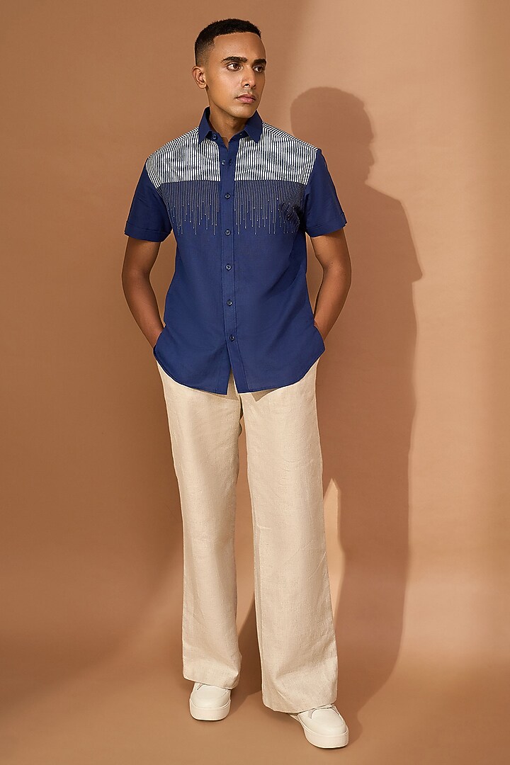 Ink Blue Linen Embroidered Party Wear Shirt by Vivek Karunakaran at Pernia's Pop Up Shop