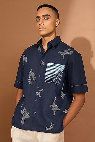 Ink Blue Linen Kantha Embroidered Shirt by Vivek Karunakaran