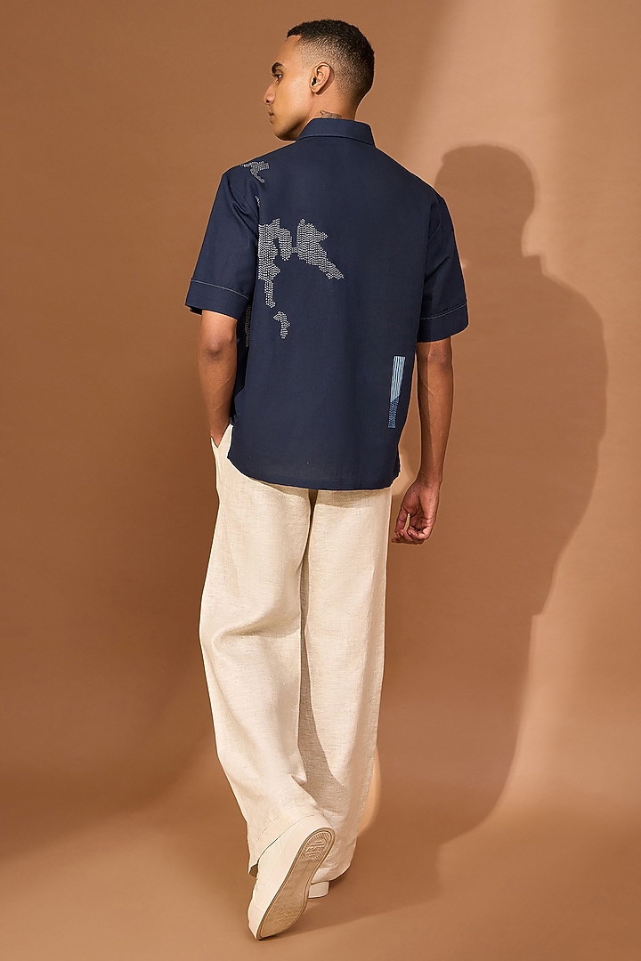 Ink Blue Linen Kantha Embroidered Party Wear Shirt by Vivek Karunakaran at Pernia's Pop Up Shop