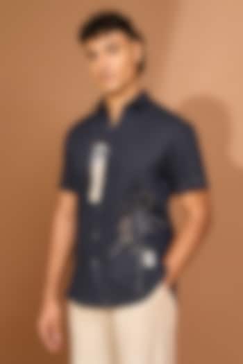Navy Chanderi & Silk Floral Hand Stitch Shirt by Vivek Karunakaran