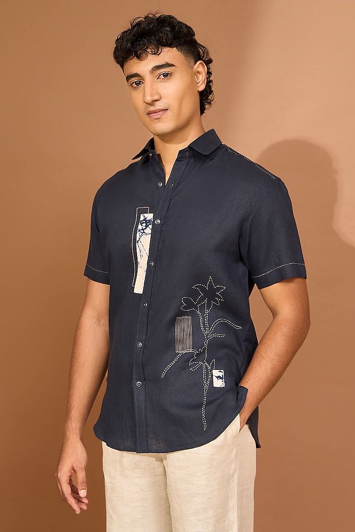 Navy Chanderi & Silk Floral Hand Stitch Shirt by Vivek Karunakaran