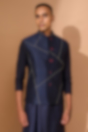 Navy Chanderi & Silk Embroidered Nehru Jacket by Vivek Karunakaran