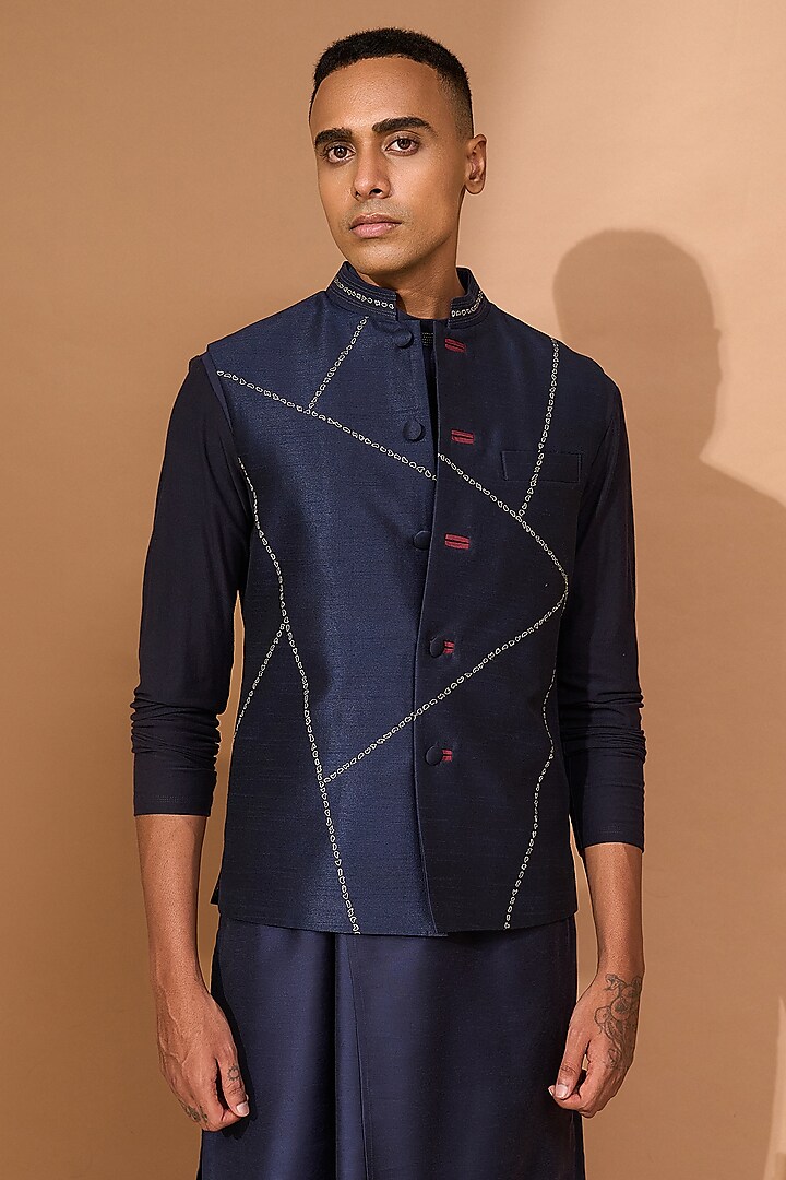 Navy Chanderi & Silk Embroidered Nehru Jacket by Vivek Karunakaran
