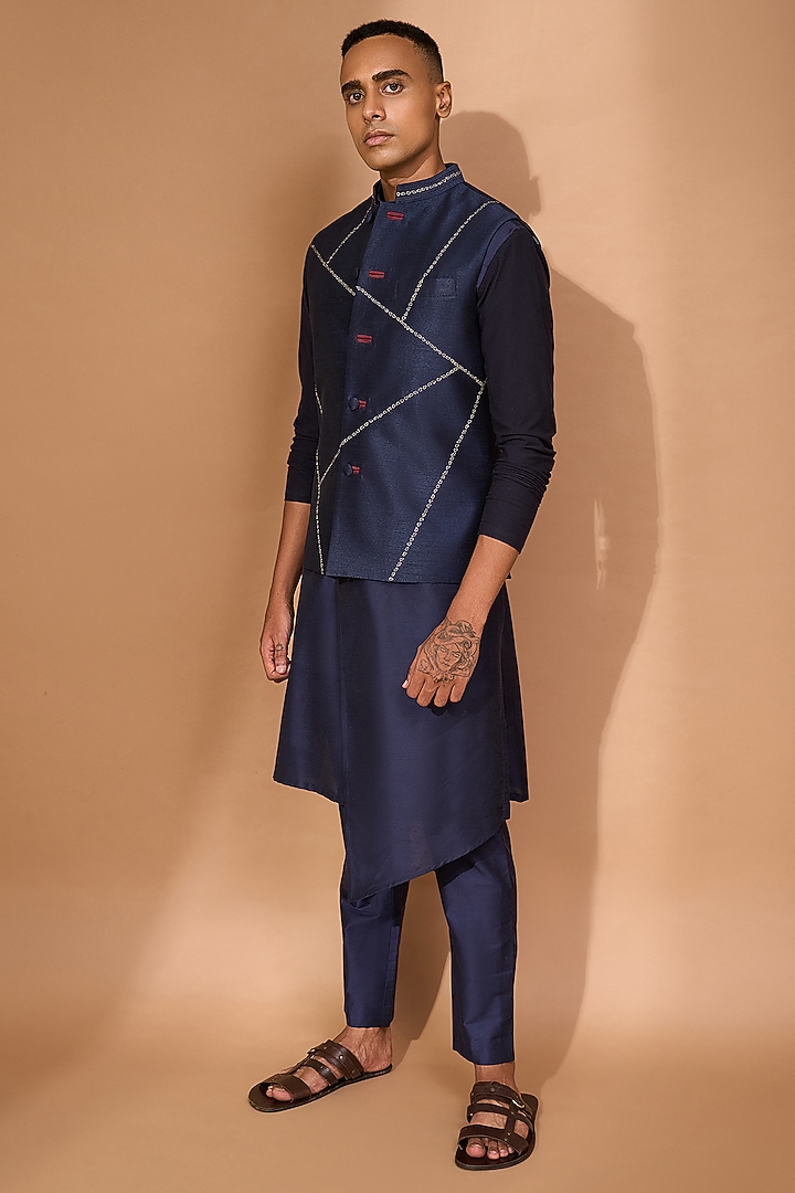 Navy Chanderi & Silk Embroidered Nehru Jacket by Vivek Karunakaran at Pernia's Pop Up Shop