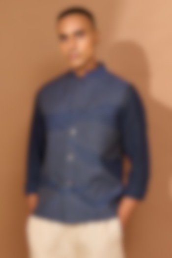 Indigo Linen Topstitch Nehru Jacket by Vivek Karunakaran