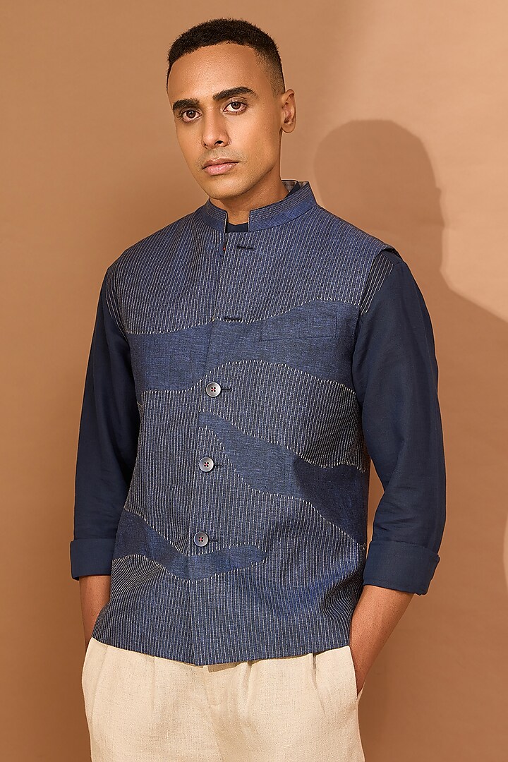 Indigo Linen Topstitch Nehru Jacket by Vivek Karunakaran