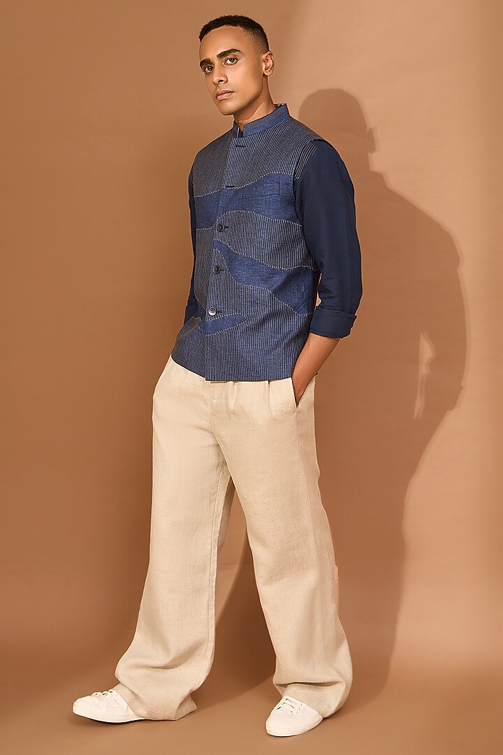 Indigo Linen Topstitch Nehru Jacket by Vivek Karunakaran at Pernia's Pop Up Shop