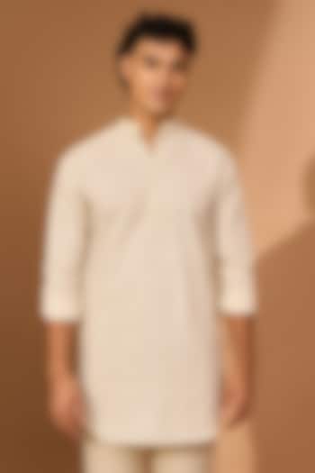 Cream Cotton Linen Smudge Printed Pathani Kurta by Vivek Karunakaran
