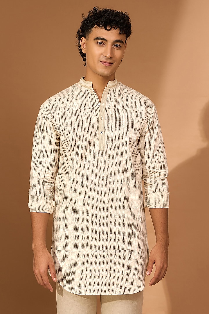 Cream Cotton Linen Smudge Printed Pathani Kurta by Vivek Karunakaran