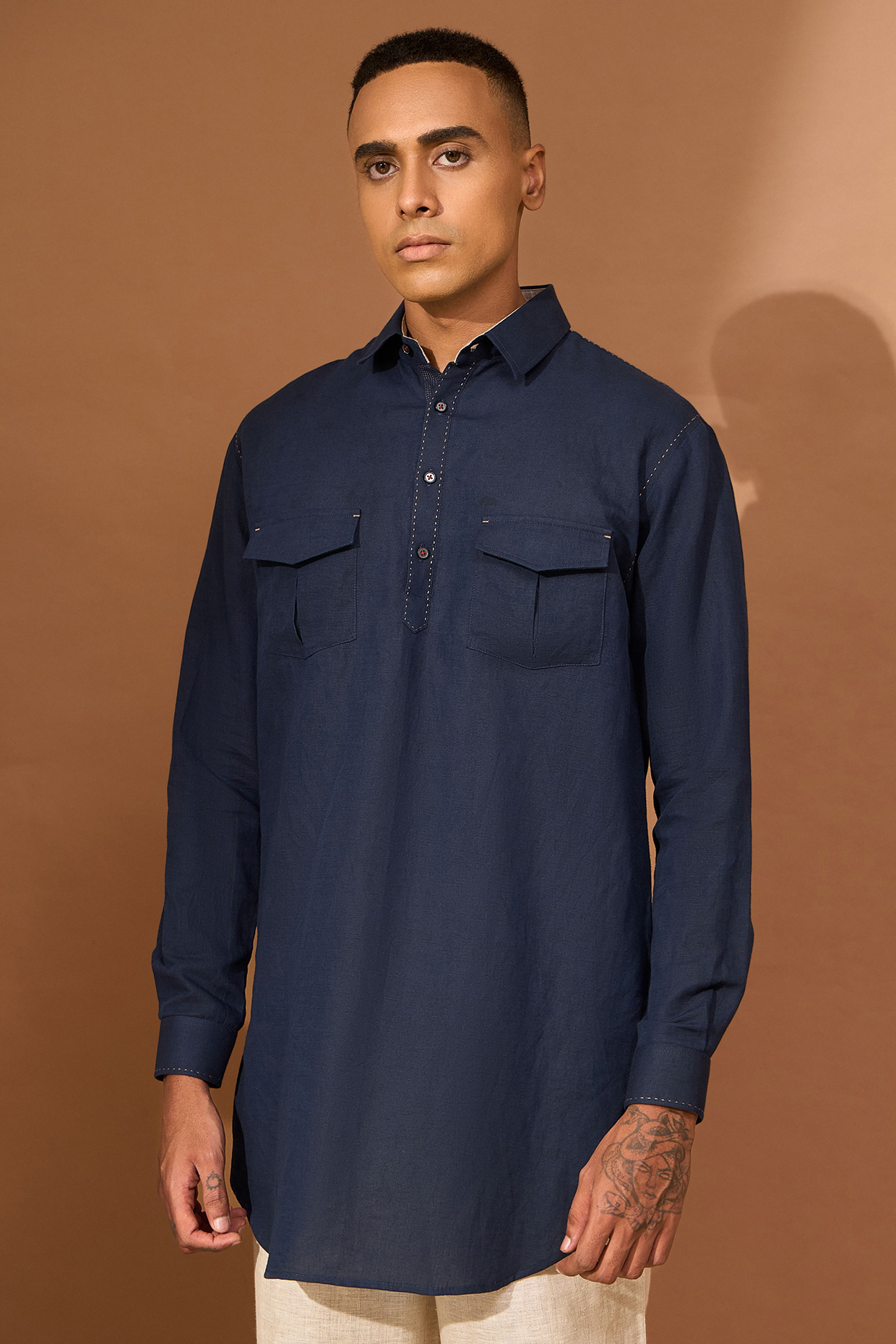 Navy Cotton Linen Hand Stitch Pathani Kurta by Vivek Karunakaran