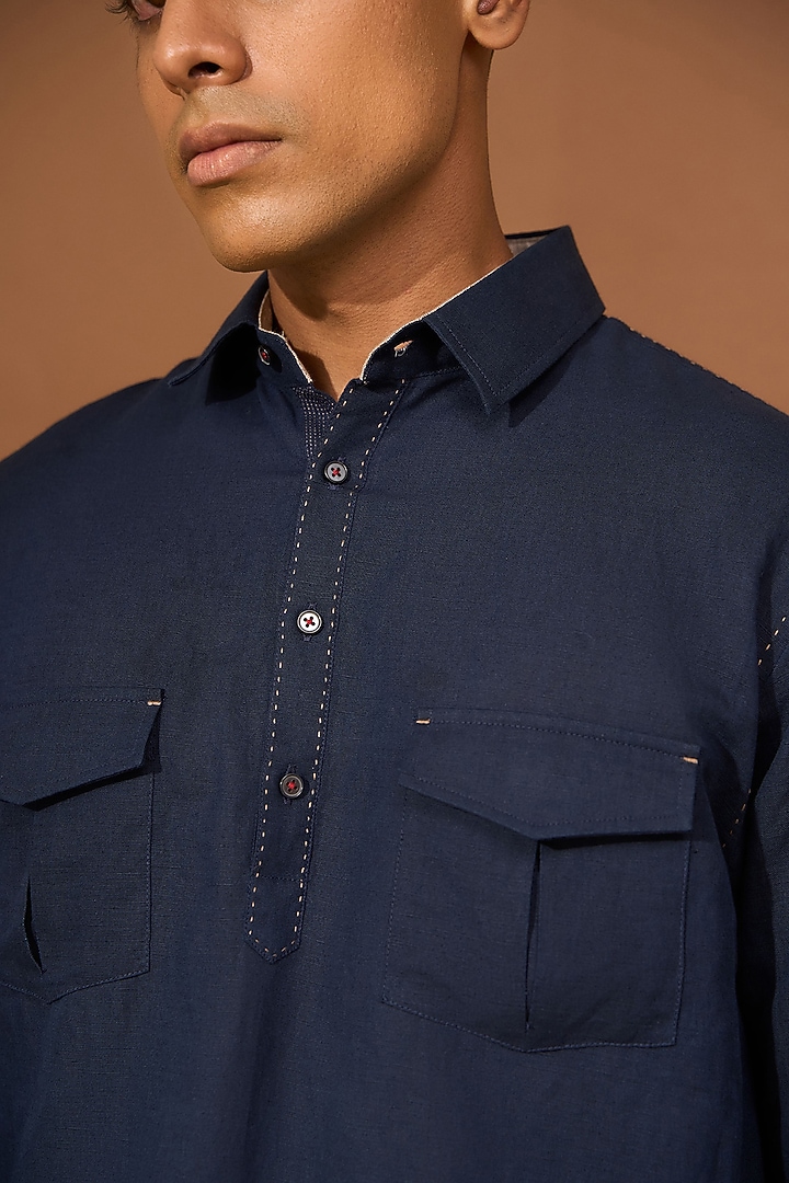 Navy Cotton Linen Hand Stitch Pathani Kurta by Vivek Karunakaran at Pernia's Pop Up Shop