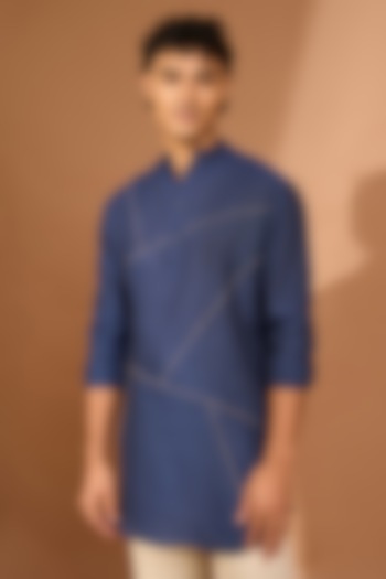 Indigo Cotton Linen Geometric Embroidered Pathani Kurta by Vivek Karunakaran