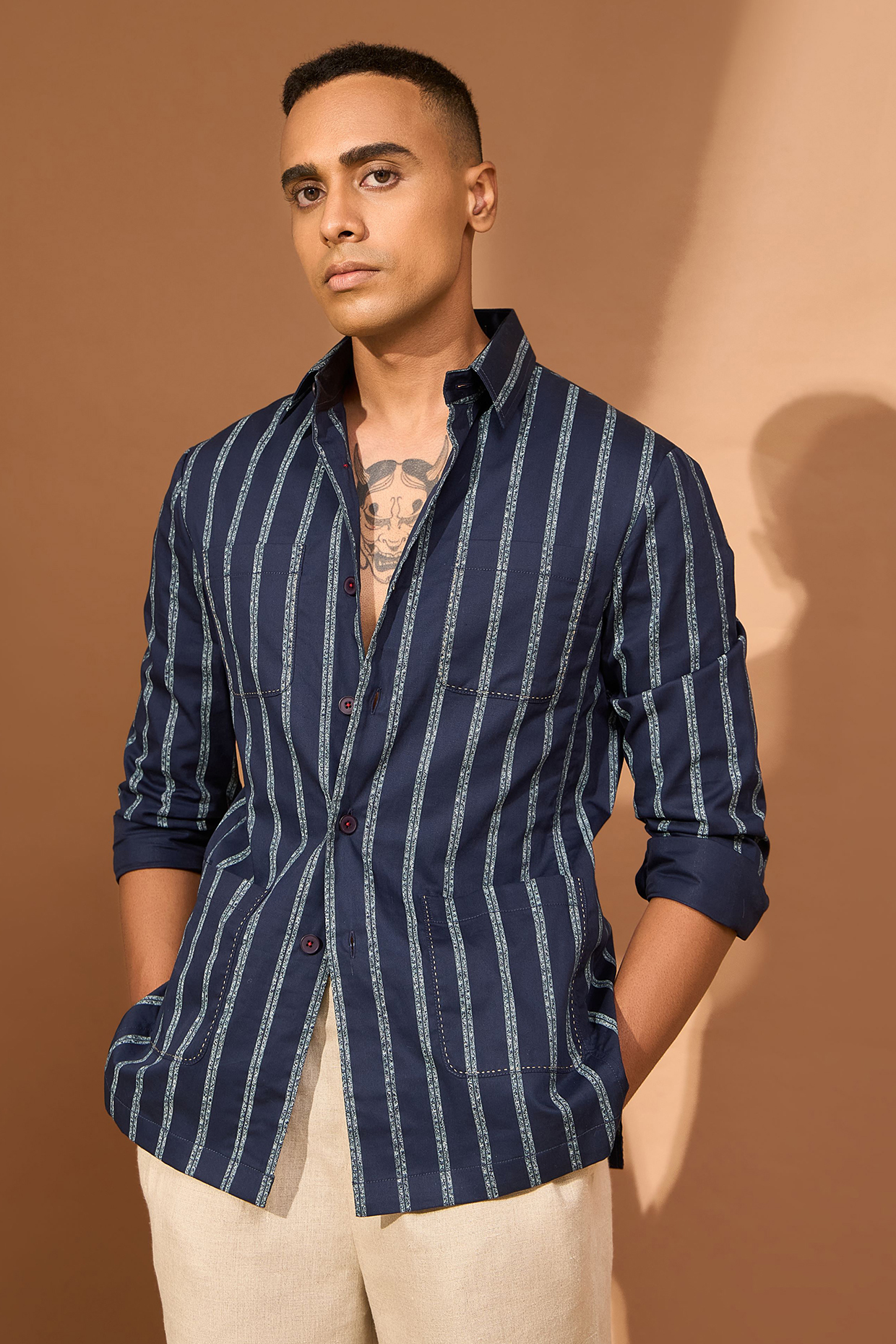 Navy-Grey Poplin Stripe Shacket by Vivek Karunakaran