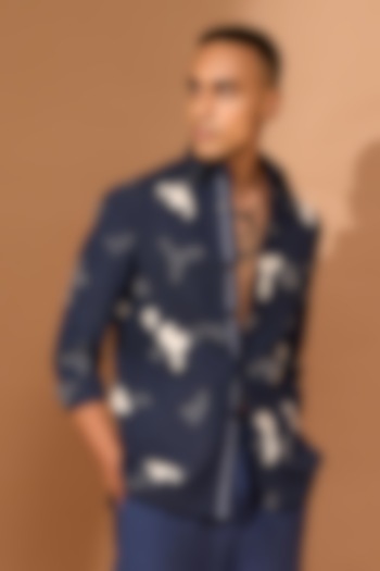 Ink Blue Linen Cutwork Shacket by Vivek Karunakaran
