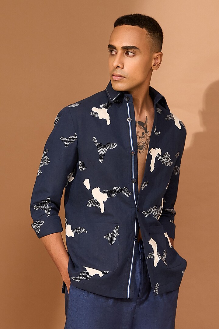 Ink Blue Linen Cutwork Shacket by Vivek Karunakaran