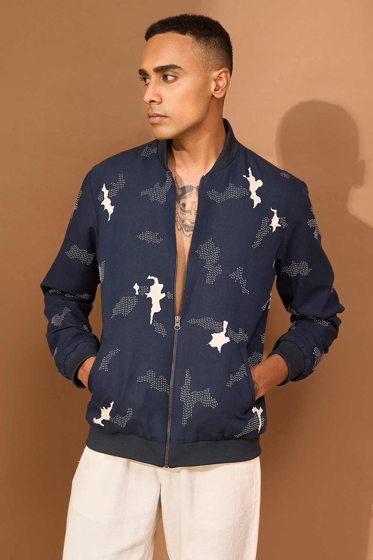 Ink Blue Linen Cutwork Bomber Jacket by Vivek Karunakaran