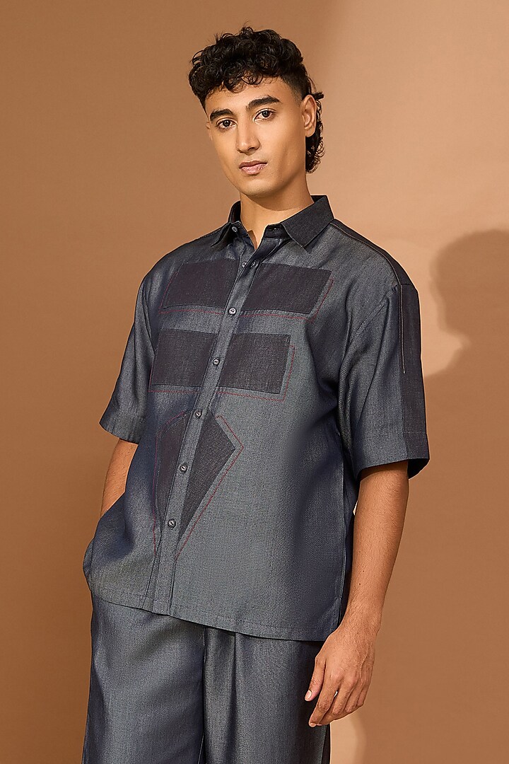 Bluish Grey Denim Chambray Oversized Boxy Shirt by Vivek Karunakaran