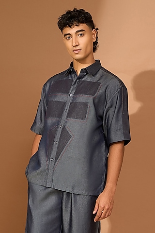 Bluish Grey Denim Chambray Oversized Boxy Shirt by Vivek Karunakaran