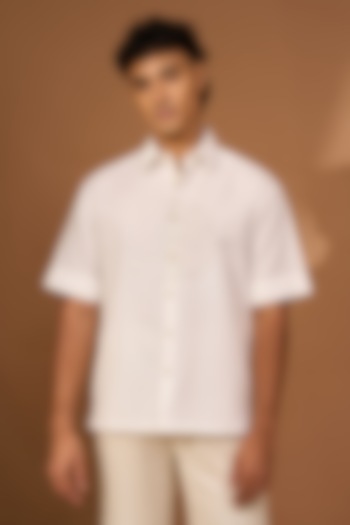 White Cotton Linen Hand Stitch Oversized Boxy Shirt by Vivek Karunakaran