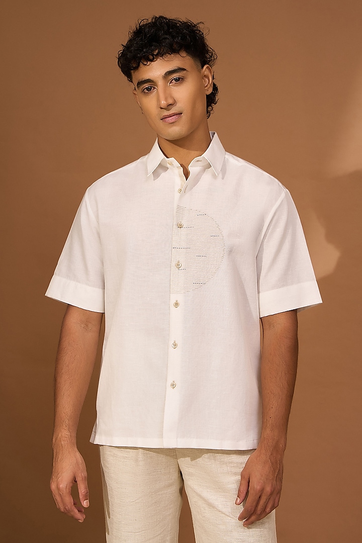 White Cotton Linen Hand Stitch Oversized Boxy Shirt by Vivek Karunakaran