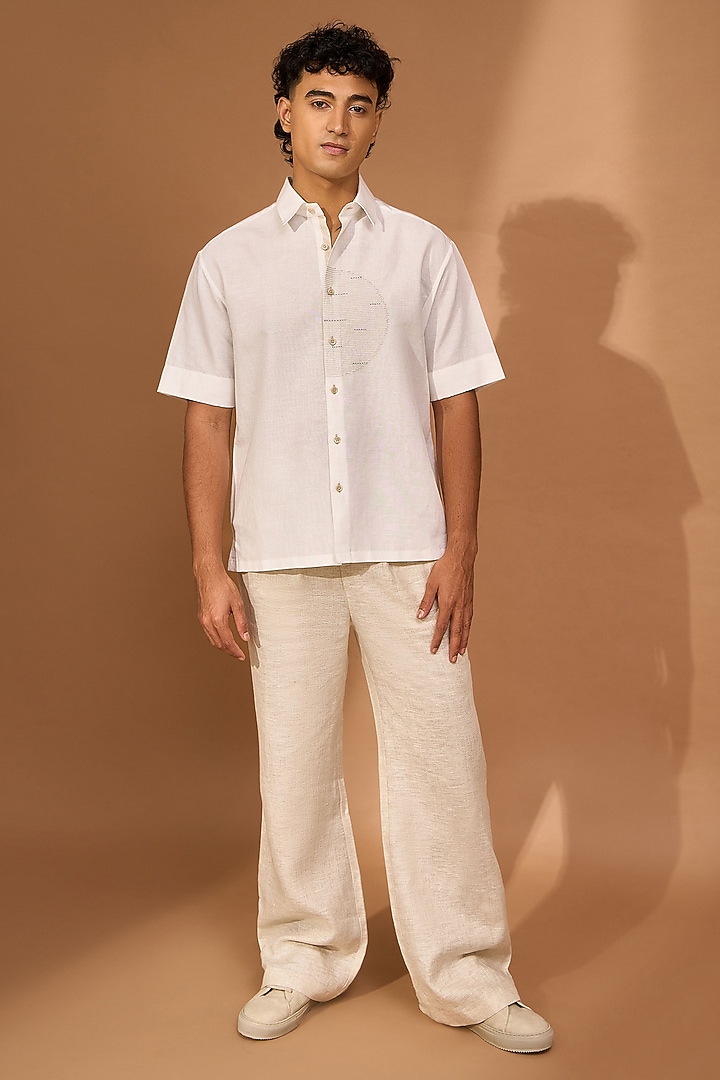 White Cotton Linen Hand Stitch Oversized Boxy Party Wear Shirt by Vivek Karunakaran at Pernia's Pop Up Shop