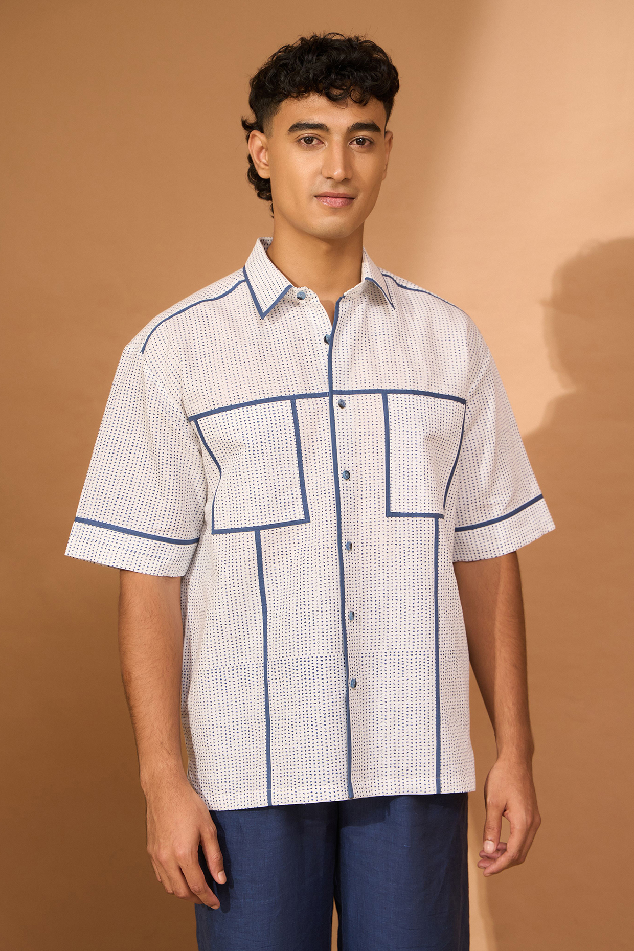White Cotton Linen Printed Oversized Boxy Shirt by Vivek Karunakaran