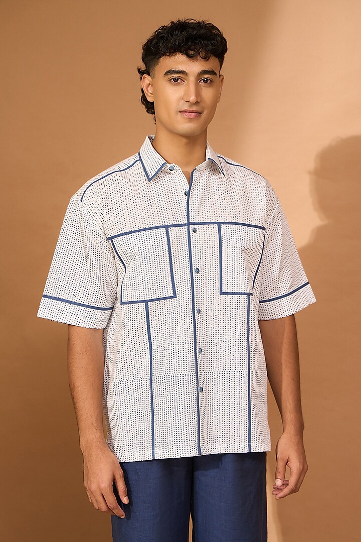 White Cotton Linen Printed Oversized Boxy Shirt by Vivek Karunakaran