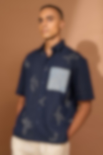 Ink Blue Cotton Linen Kantha Embroidered Oversized Boxy Shirt by Vivek Karunakaran