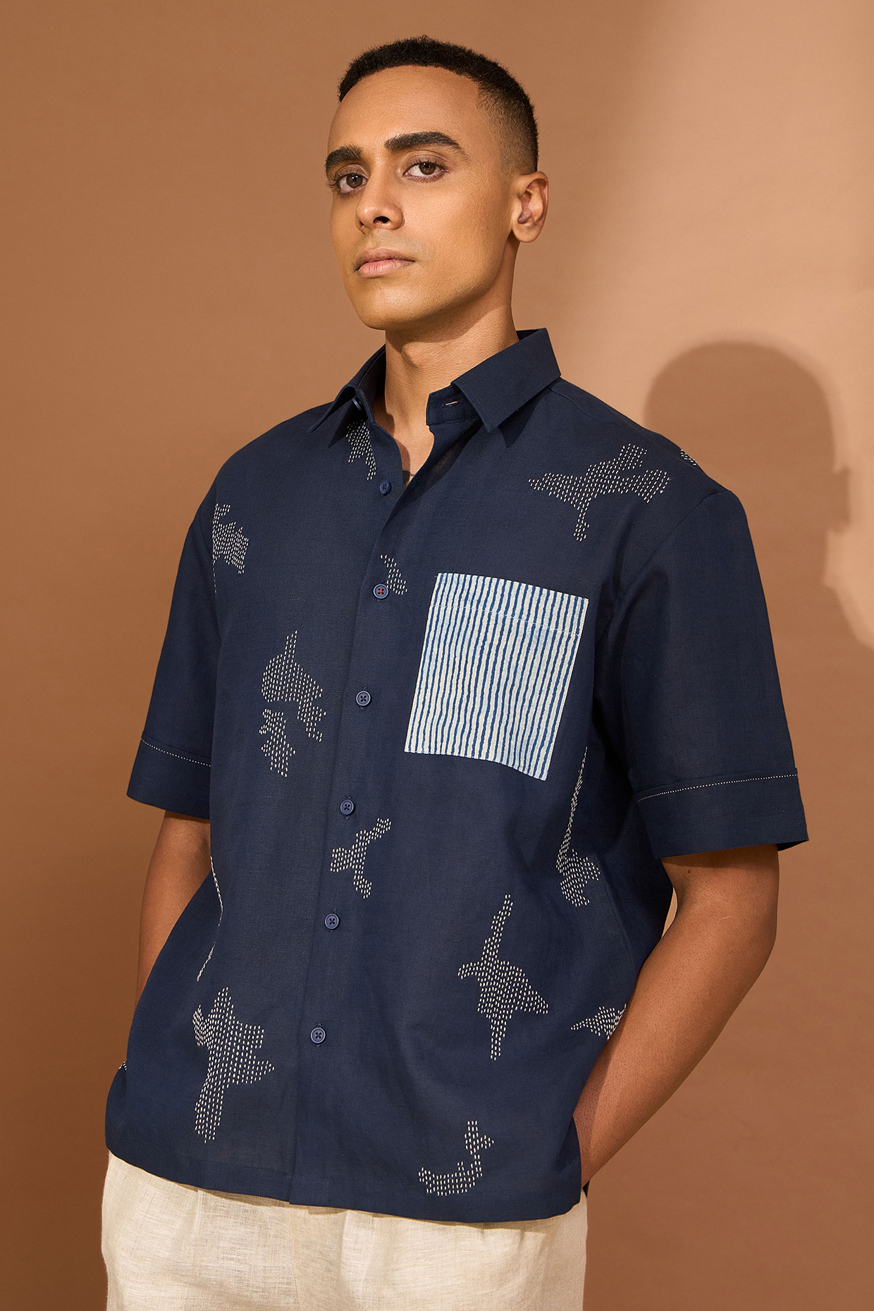 Ink Blue Cotton Linen Kantha Embroidered Oversized Boxy Shirt by Vivek Karunakaran