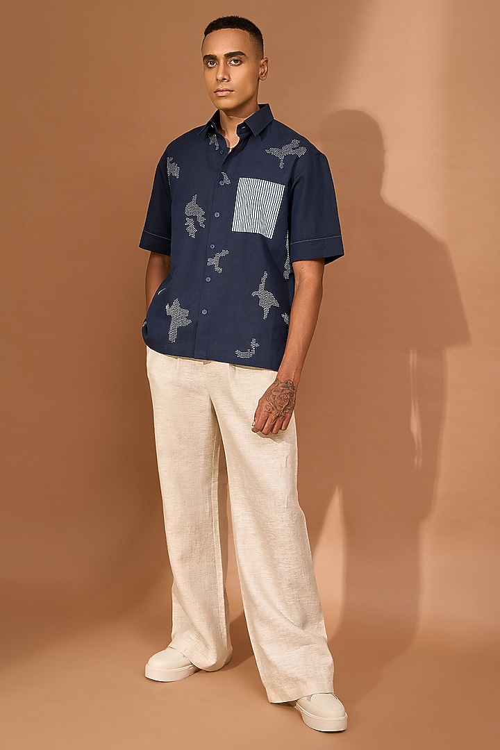 Ink Blue Cotton Linen Kantha Embroidered Oversized Boxy Party Wear Shirt by Vivek Karunakaran at Pernia's Pop Up Shop