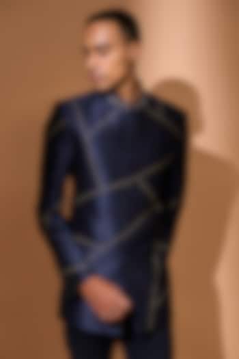 Navy Poly Raw Silk Abstract Embroidered Bandhgala by Vivek Karunakaran