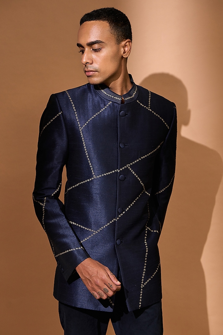 Navy Poly Raw Silk Abstract Embroidered Bandhgala by Vivek Karunakaran