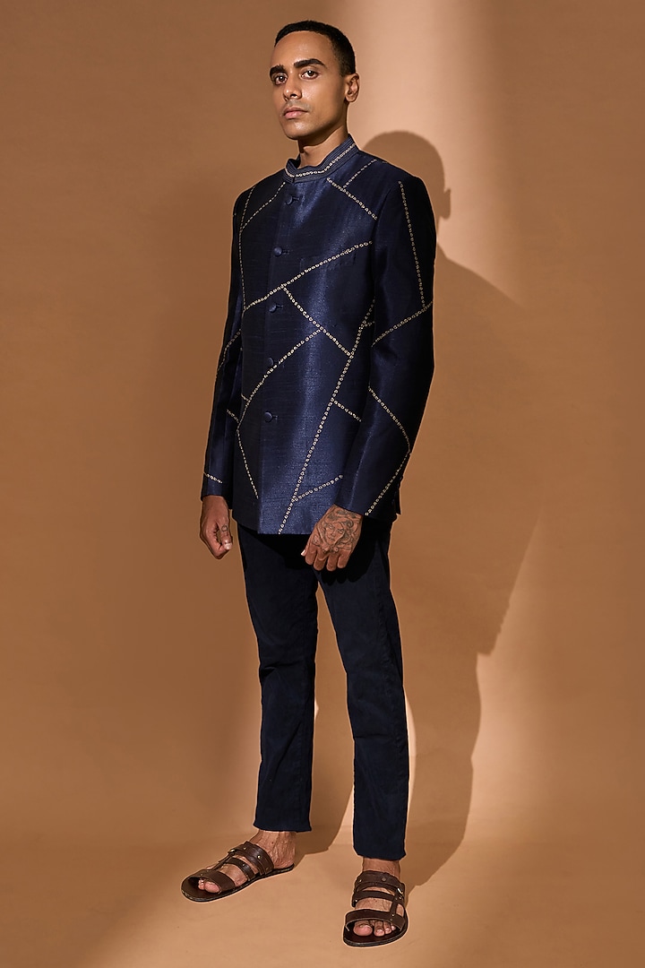 Navy Poly Raw Silk Abstract Embroidered Wedding Bandhgala by Vivek Karunakaran at Pernia's Pop Up Shop