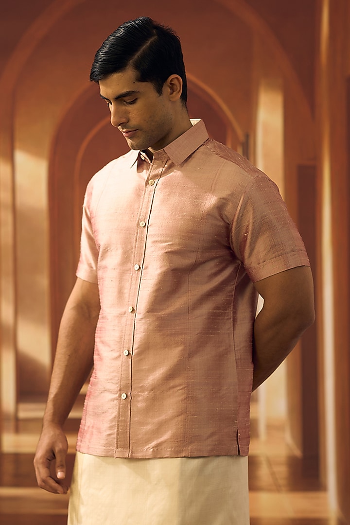 Burnt Pink Raw Silk Party Wear Shirt by Vivek Karunakaran at Pernia's Pop Up Shop