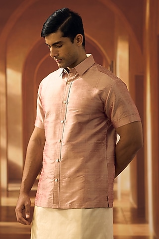 Burnt Pink Raw Silk Shirt by Vivek Karunakaran