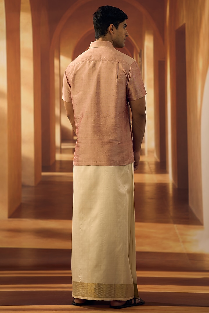 Burnt Pink Raw Silk Party Wear Shirt by Vivek Karunakaran at Pernia's Pop Up Shop