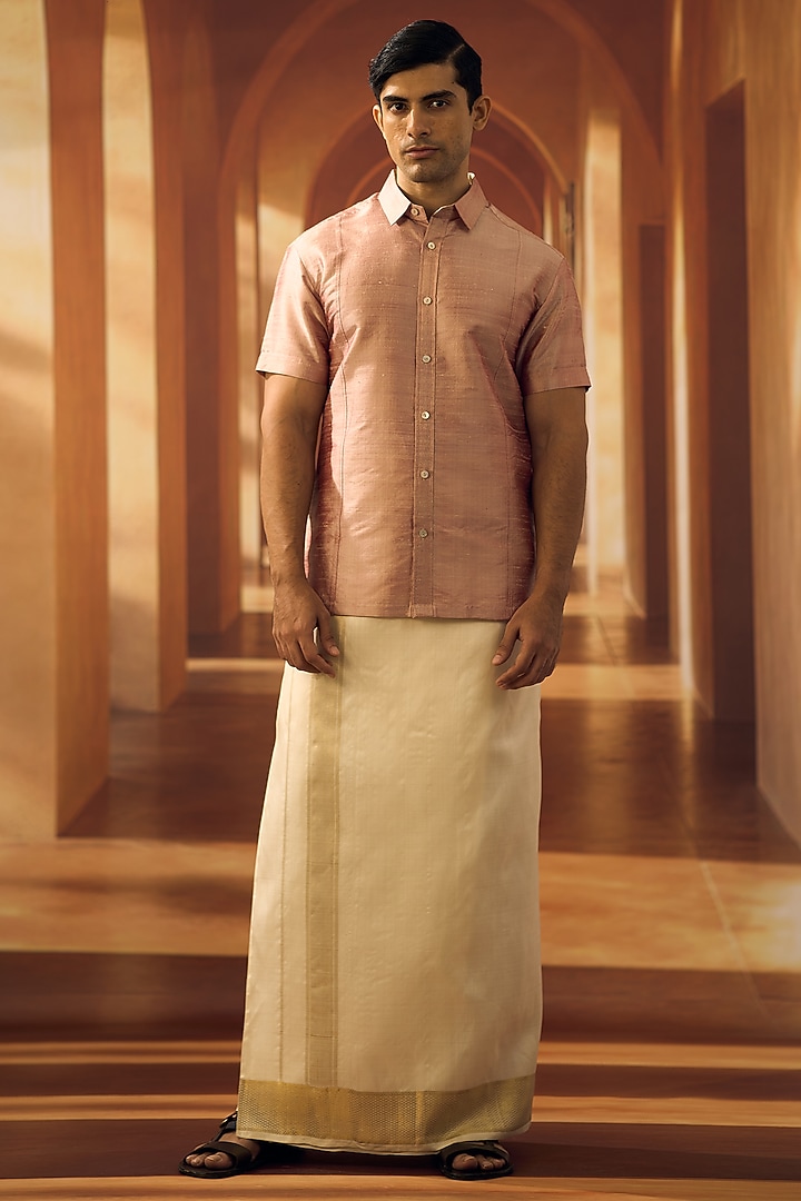 Burnt Pink Raw Silk Party Wear Shirt by Vivek Karunakaran at Pernia's Pop Up Shop