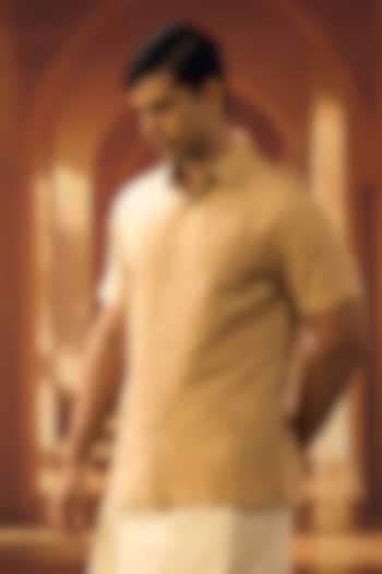 Beige Raw Silk Party Wear Shirt by Vivek Karunakaran at Pernia's Pop Up Shop