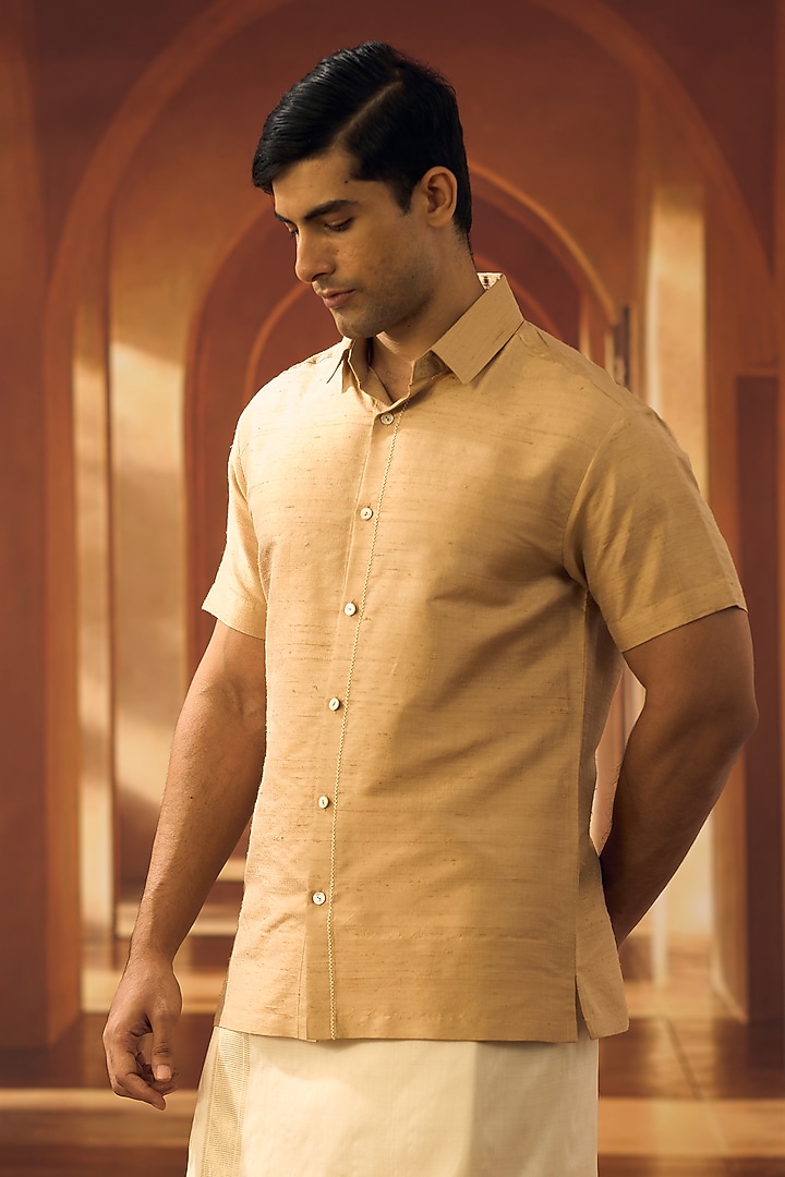 Beige Raw Silk Party Wear Shirt by Vivek Karunakaran at Pernia's Pop Up Shop