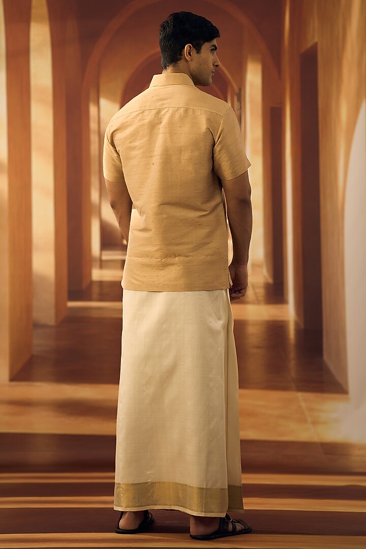 Beige Raw Silk Party Wear Shirt by Vivek Karunakaran at Pernia's Pop Up Shop