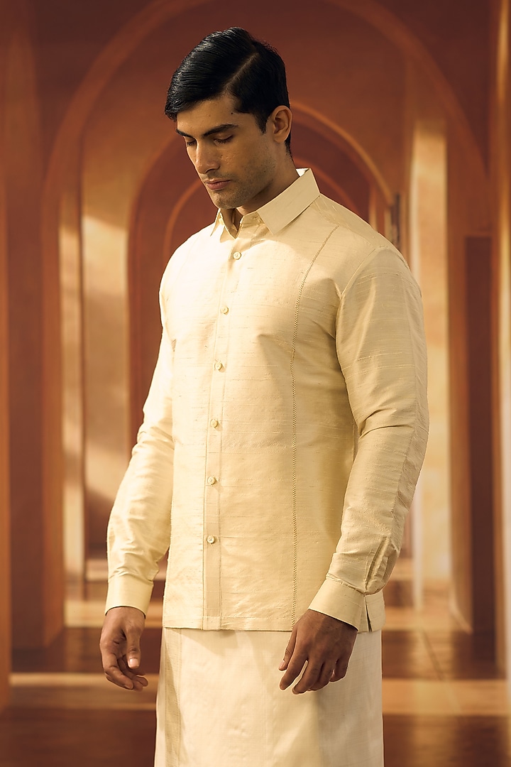 Cream Raw Silk Party Wear Shirt by Vivek Karunakaran at Pernia's Pop Up Shop