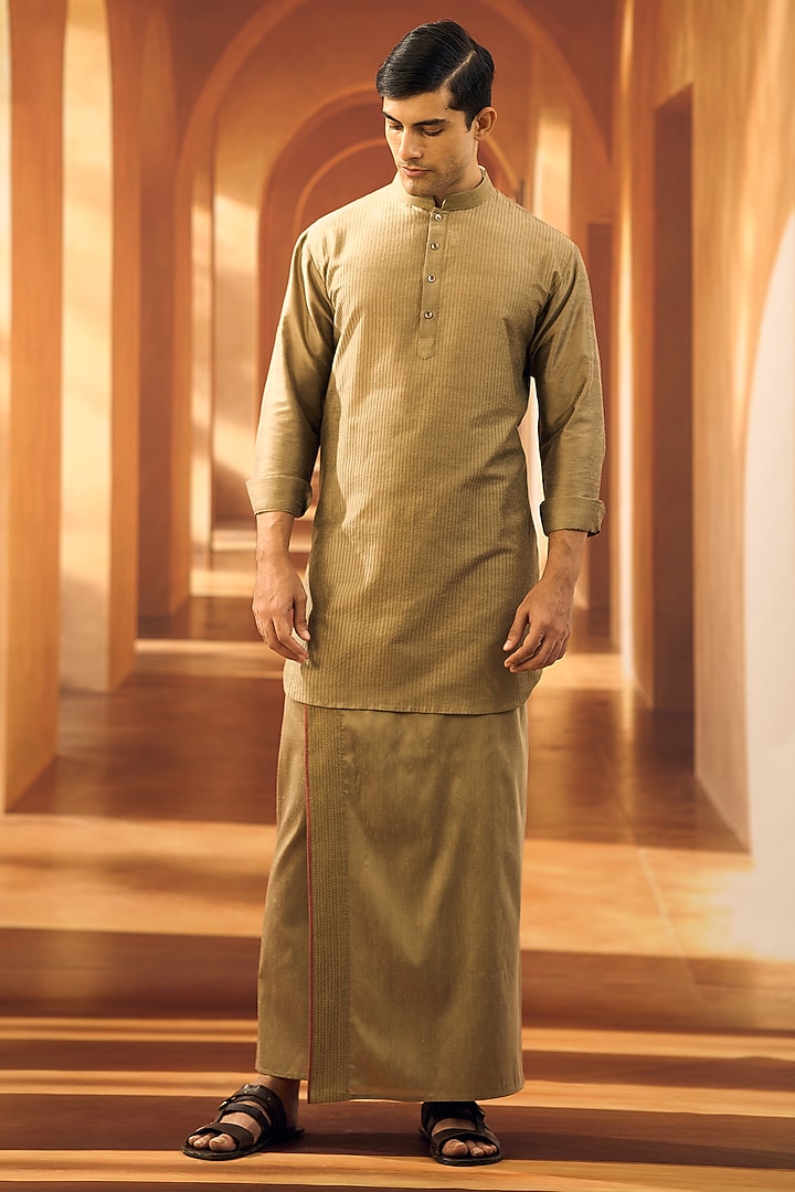 Olive Spun Cotton Kurta by Vivek Karunakaran at Pernia's Pop Up Shop